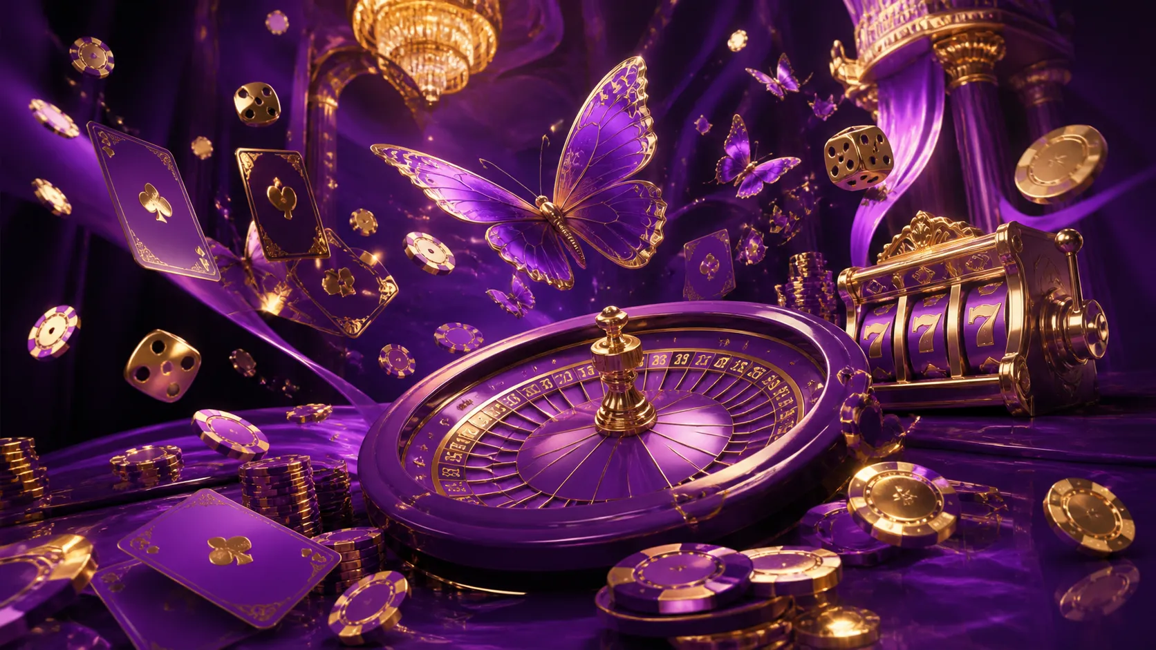 Glossy 3D render of casino elements in unique Flutterhall theme with reflective textures and vibrant highlights.